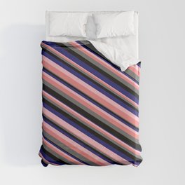 [ Thumbnail: Eye-catching Pink, Light Coral, Dim Grey, Black, and Midnight Blue Colored Stripes Pattern Duvet Cover ]