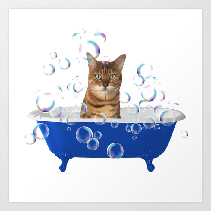 Bengal Cat Blue Bathtub Soap Bubbles #Cat #Animals #bathroom #cats Art Print