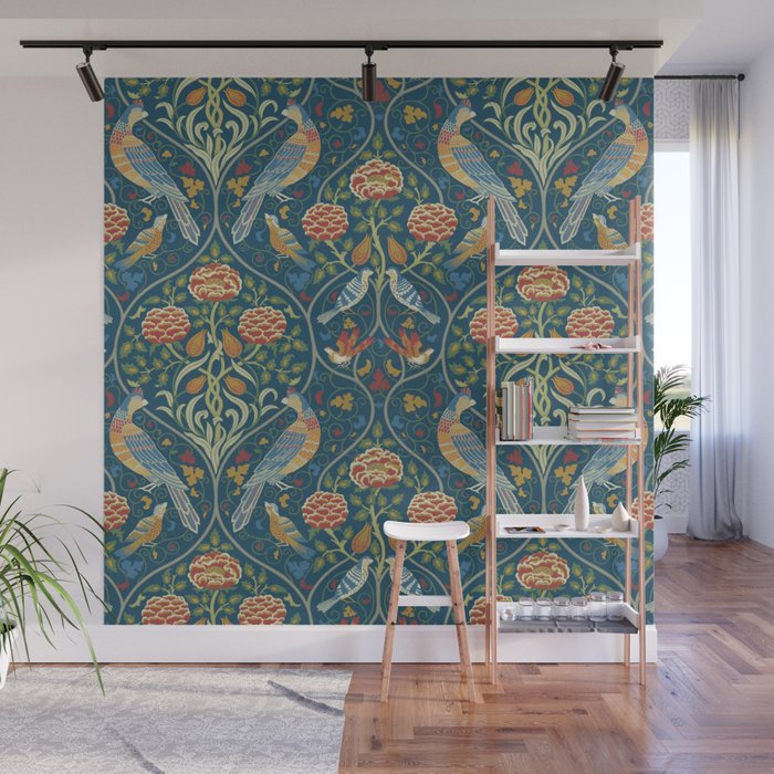 Roses and Birds Vintage Pattern (Blue) by William Morris Wall Mural