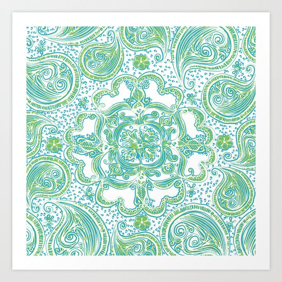 Paisley Mandala - Blue & Green Art Print