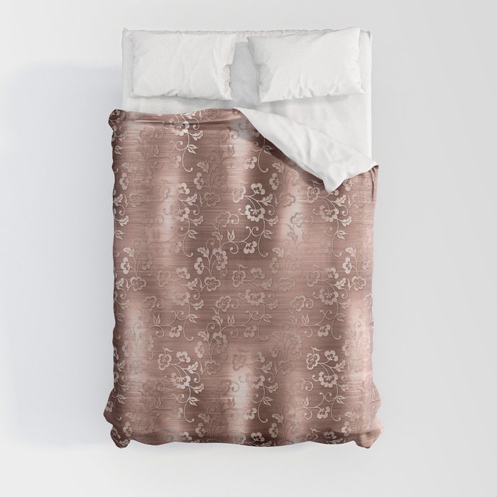 Rose Gold Floral Brushed Metal Texture Duvet Cover