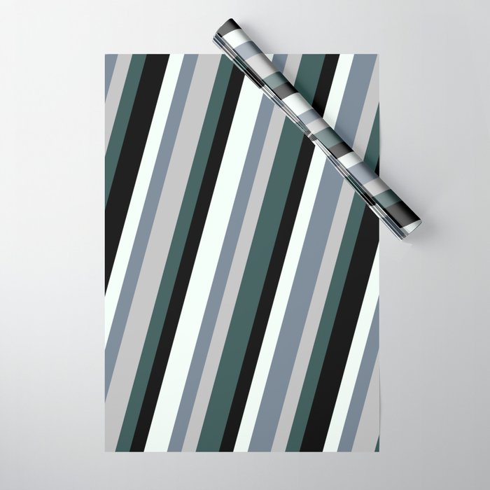 Mint Cream, Slate Gray, Grey, Dark Slate Gray & Black Colored Pattern of Stripes Wrapping Paper