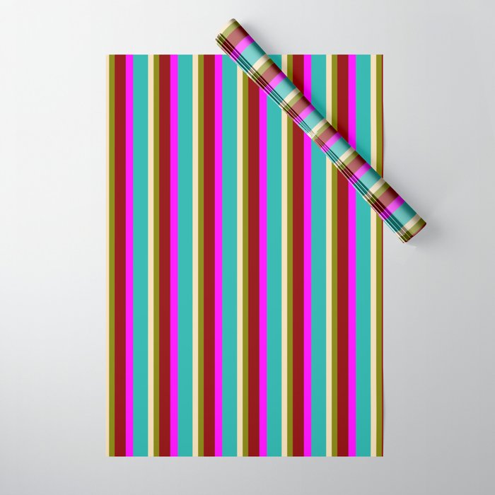 Eyecatching Fuchsia, Light Sea Green, Tan, Green & Dark Red Colored Stripes Pattern Wrapping Paper