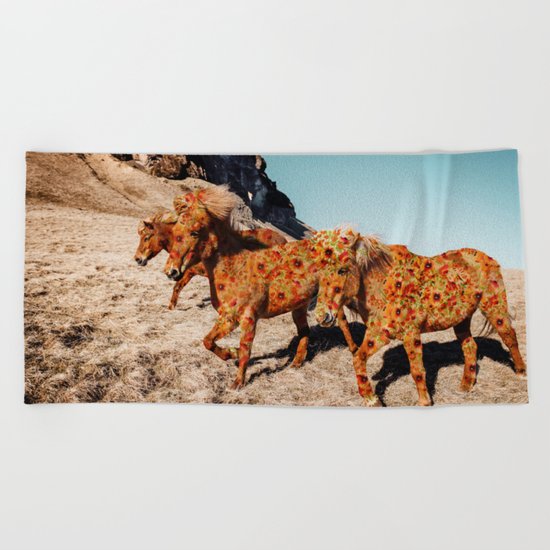 Wild Horses On Flowers Beach Towel