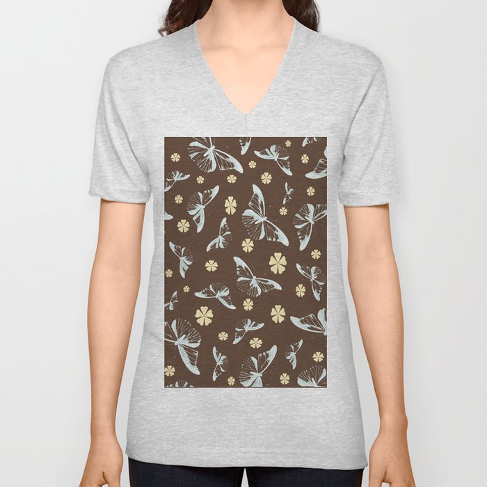 Retro Color Brown Butterfly Pattern Vintage Floral Pattern Cute Mid Century Modern Pattern V Neck T Shirt