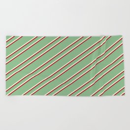 [ Thumbnail: Dark Sea Green, Beige & Brown Colored Stripes Pattern Beach Towel ]