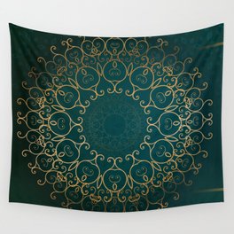 Deep Emerald and Gold Mandala  Wall Tapestry