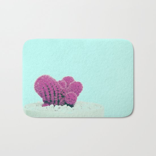 Vintage Pink Cactus on Blue Bath Mat