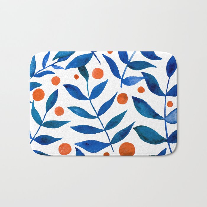 Watercolor berries and branches - blue and orange Bath Mat