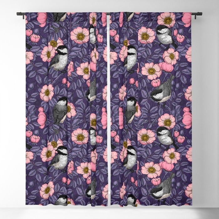 Chickadeed in the wild rose in pink and violet Blackout Curtain