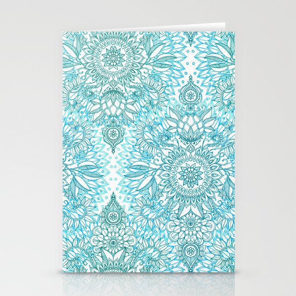 Turquoise Blue, Teal & White Protea Doodle Pattern Stationery Cards