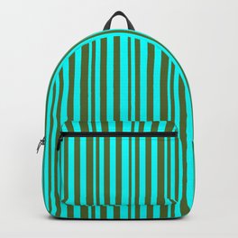 [ Thumbnail: Cyan and Dark Olive Green Colored Lined/Striped Pattern Backpack ]