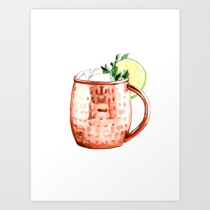 Cocktails. Moscow Mule. Watercolor Painting. Art Print