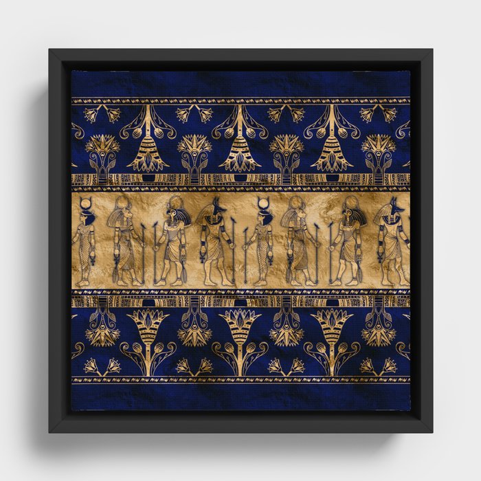 Egyptian Gods and Ornamental border - blue and gold Framed Canvas