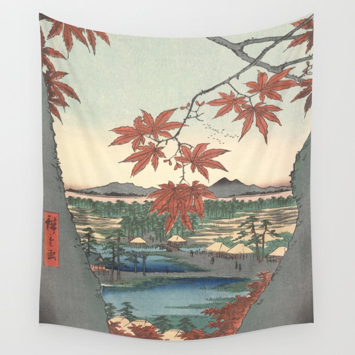 Utagawa Hiroshige - Maple Trees At Mama Tekona Shrine And Tsugi Bridge - Vintage Japanese Woodblock Print  Wall Tapestry