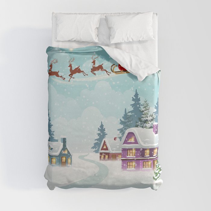 Santa and Reindeer on Christmas Background. Winter Christmas scene with snow covered houses and pine forest. Holiday vintage Background Duvet Cover