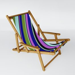 [ Thumbnail: Eyecatching Orchid, Dark Blue, Green, Turquoise, and Black Colored Stripes/Lines Pattern Sling Chair ]