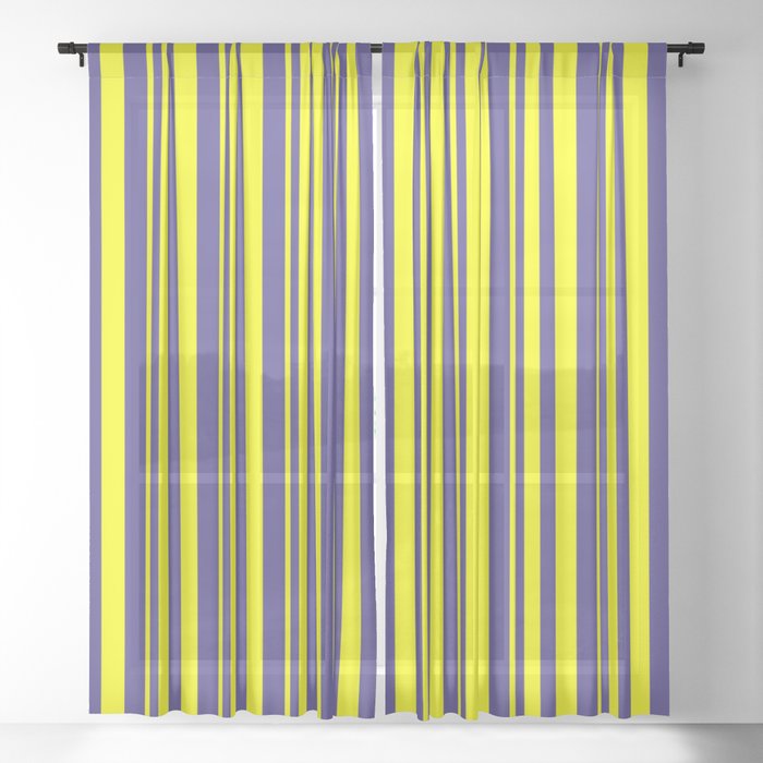 Yellow and Dark Slate Blue Colored Striped Pattern Sheer Curtain
