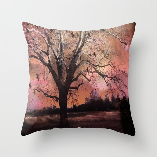Surreal Trees Ravens Landscape Throw Pillow