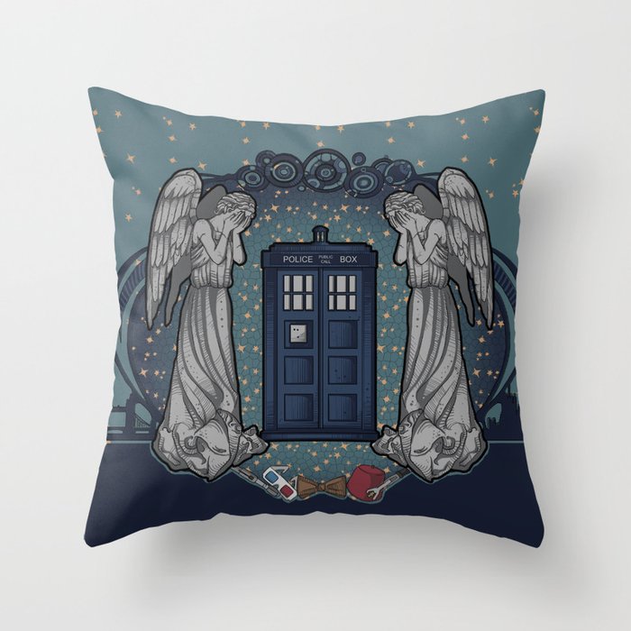 Art Nouveau Weeping Angels and the TARDIS Throw Pillow