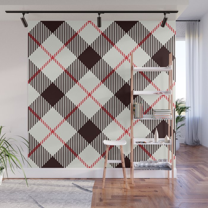 White Tartan with Diagonal Black and Red Stripes Wall Mural