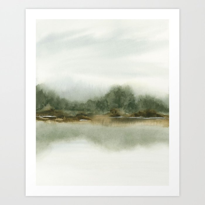 Embracing Change I - Sage Green and Rich Brown Wall Art, Autumn River Watercolor Painting, Abstract Nature Art Art Print