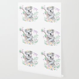 Baby koala with blue eyes and flowers Wallpaper
