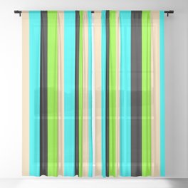 [ Thumbnail: Aqua, Tan, Green, and Black Colored Stripes Pattern Sheer Curtain ]