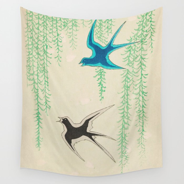 Spring Swallows on Willows Vintage Japanese Bird Wall Tapestry