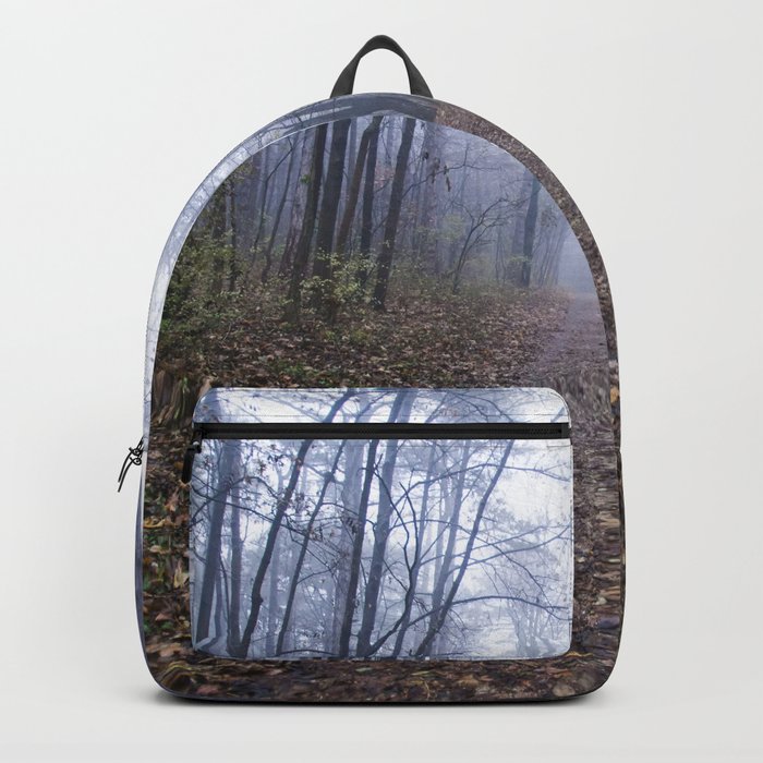Magical foggy seasonal forest tree landscape. Lovely dreamy fairytale.  Backpack