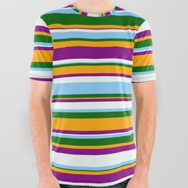 [ Thumbnail: Eyecatching Orange, Purple, Mint Cream, Light Sky Blue & Dark Green Colored Stripes/Lines Pattern All Over Graphic Tee ]