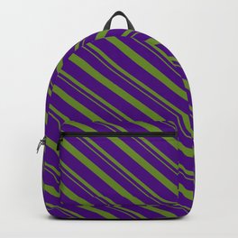 [ Thumbnail: Indigo and Green Colored Striped/Lined Pattern Backpack ]