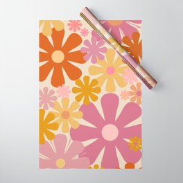 Retro 60s 70s Flowers Thulian Pink Orange Cream Pattern Wrapping Paper
