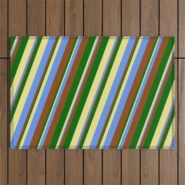 [ Thumbnail: Tan, Cornflower Blue, Brown, and Dark Green Colored Lines/Stripes Pattern Outdoor Rug ]