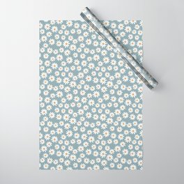 Daisies - daisy floral repeat, daisy flowers, 70s, retro, black, daisy florals dusty blue Wrapping Paper