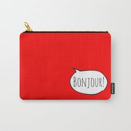Cheerful BONJOUR! with white cartoon speech bubble on bright comic book red (Francais / French) Carry-All Pouch