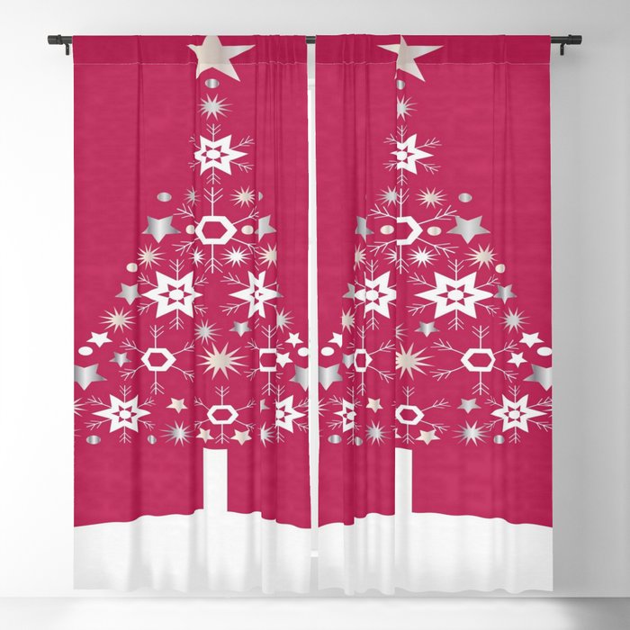 Christmas Tree Of Snowflakes and Stars On Rose Red Background Blackout Curtain