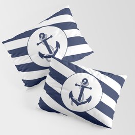 Nautical Anchor Navy Blue & White Stripes Beach Pillow Sham