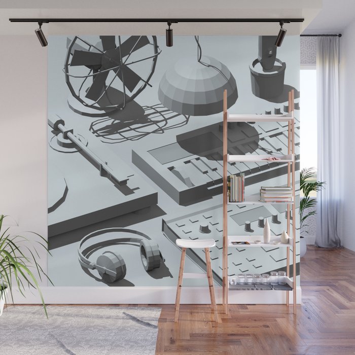 Low Poly Studio Objects 3D Illustration Grey Wall Mural