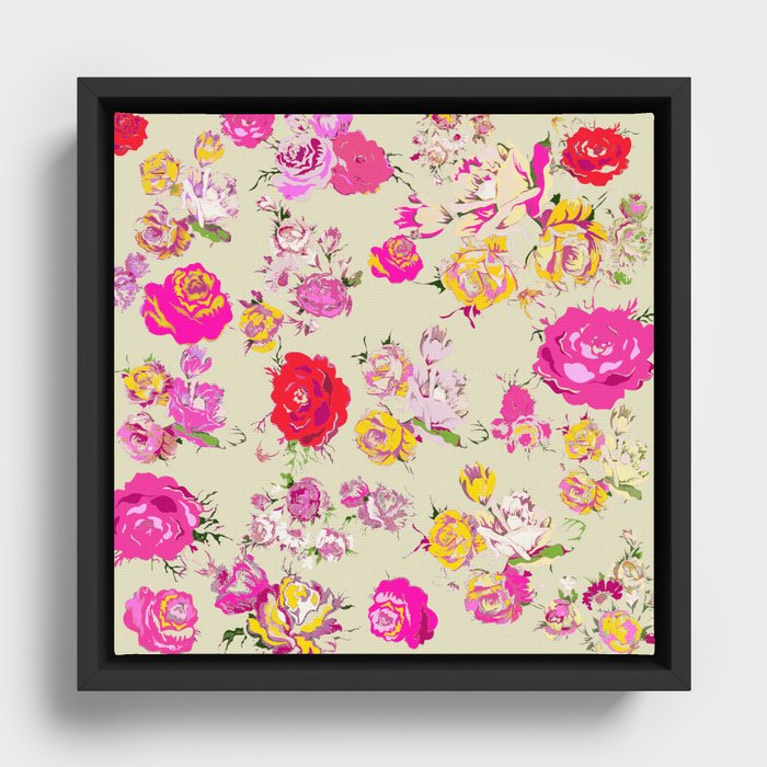 Colorful Floral Print , with Off White Background Framed Canvas