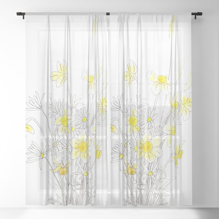 white daisy and yellow daffodils ink and watercolor Sheer Curtain