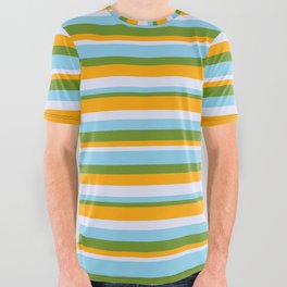 [ Thumbnail: Sky Blue, Green, Orange, and Lavender Colored Lines Pattern All Over Graphic Tee ]