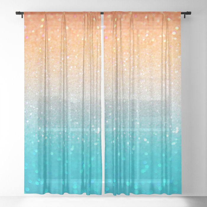 Glitter Teal Gold Coral Sparkle Ombre Sheer Curtain By