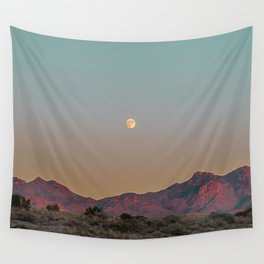 Sunset Moon Ridge // Grainy Red Mountain Range Desert Landscape Photography Yellow Fullmoon Blue Sky Wall Tapestry
