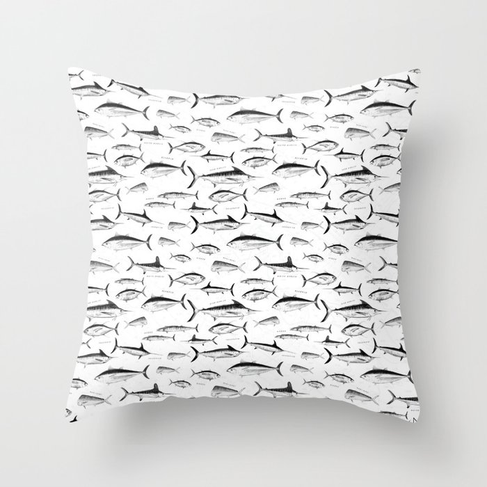 Tuna, Marlin, Wahoo, Swordfish, Mahi-Mahi Hand Illustrated Sport Fish Pattern; Grayscale, Labels Throw Pillow