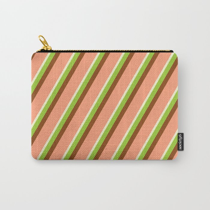 Light Yellow, Green, Brown & Light Salmon Colored Lined/Striped Pattern Carry-All Pouch