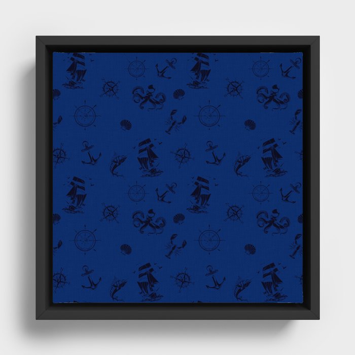 Monochrome Blue Silhouettes Of Vintage Nautical Pattern Framed Canvas