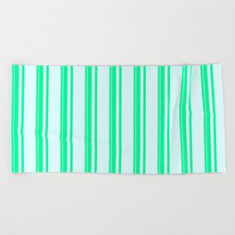 [ Thumbnail: Green & Light Cyan Colored Lines Pattern Beach Towel ]