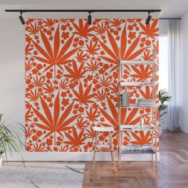 Modern Botanical Cannabis And Flowers Bold Red Wall Mural