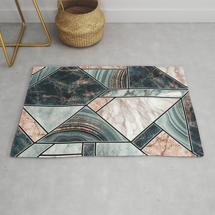 Art Deco Teal + Rose Gold Abstract Marble Geometry Rug